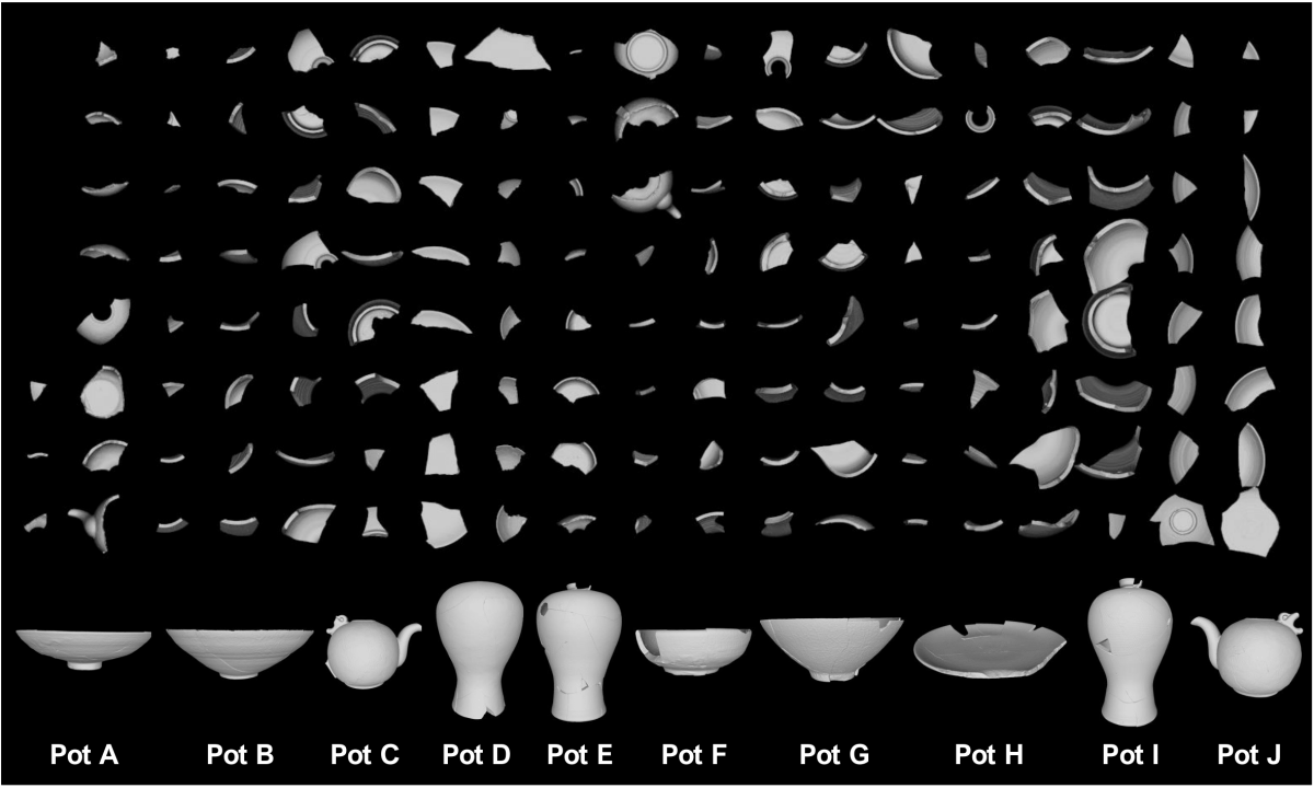Unordered pottery fragments and ten reconstructed pots